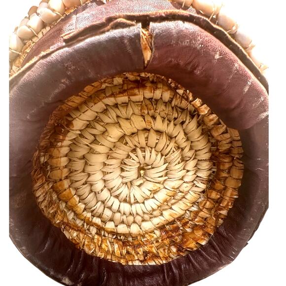 Antique African Tribal Art Hausa Cowrie Shell Hand Basket 8" Leather Handle Trim - Picture 7 of 12